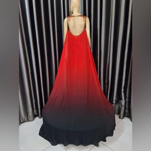 GL Garlate Red Beaded Pageant Gown Illusion Slit Cape Train Formal Dress - Picture 8 of 11